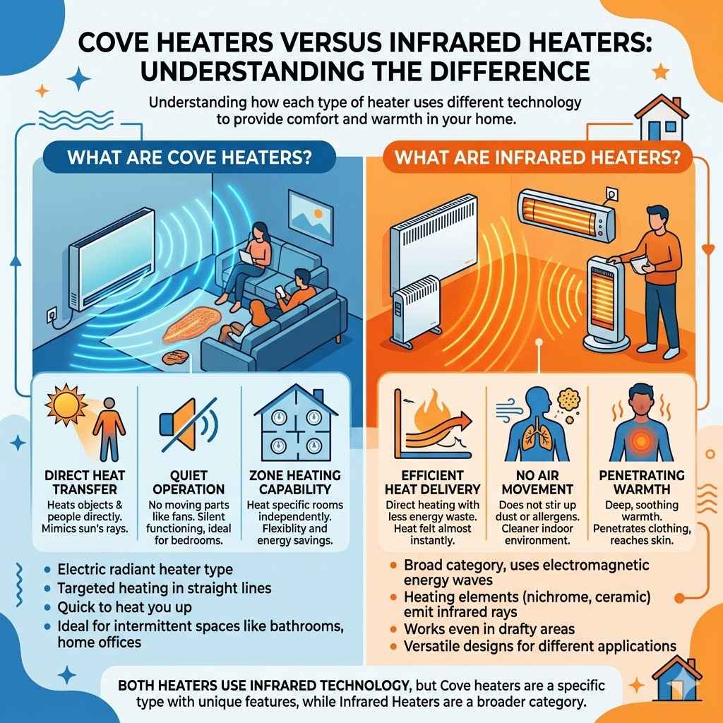 Addressing Common Questions About Cove HeatersThere are several questions people often have when they first learn about Cove heaters. The primary confusion stems from identifying their heating method. Are they like the old space heaters that just blow hot air?Or are they something different? This section aims to clear up those common points of confusion. We will provide straightforward answers based on how these heaters actually function.We also address concerns about energy consumption and effectiveness. Many people want to know if they are truly cost-effective. Is the infrared heat just a gimmick, or does it provide real warmth?We will explain the benefits of direct radiant heat. This will show why it can be a very efficient way to heat your home. It helps to demystify the technology.Do Cove Heaters Dry Out The AirUnlike some other heating methods, like forced-air furnaces, Cove heaters do not significantly dry out the air. This is because they primarily heat objects and people directly through radiation. They do not rely on circulating large volumes of air.Heating air often reduces its relative humidity. Since Cove heaters bypass this process, they tend to maintain a more comfortable humidity level in the room. This makes them a better choice for people who find dry air uncomfortable or problematic.This lack of air circulation also means less dust and fewer allergens are stirred up. This contributes to better indoor air quality. If you have experienced dry throat, itchy eyes, or static electricity from other heating systems, you will likely find Cove heaters to be much more pleasant.The warmth feels more natural and less harsh on your respiratory system.Humidity Levels
Cove heaters are excellent at maintaining indoor humidity levels. Because they don't heat and move air like a convection heater, they don't strip moisture from the air. This is a significant benefit, especially during winter months when indoor air can become uncomfortably dry. The warmth feels more gentle and less dehydrating.
Air Quality Benefits
The absence of fan-forced air circulation means less dust, pollen, and other airborne particles are distributed throughout the room. This can be a major advantage for individuals with allergies, asthma, or other respiratory sensitivities. Cove heaters create a cleaner and more comfortable breathing environment.
Comfortable Heat Sensation
The radiant heat produced by Cove heaters feels different from the heat of a convection heater. It's a direct warmth that feels cozy and natural, similar to standing in sunlight. This sensation is often perceived as more comfortable and less irritating than the dry, sometimes stuffy air produced by forced-air systems.
Are Cove Heaters Energy EfficientWhen used for their intended purpose, Cove heaters can be very energy efficient. Their efficiency comes from the direct way they deliver heat. Instead of heating the air, which can escape through drafts or rise to the ceiling, they warm objects and people directly.This means that the energy consumed is more likely to be felt as warmth by the occupants. This targeted approach reduces waste.For supplemental heating in specific zones, they are an excellent choice. For example, heating a room you are actively using for a few hours a day with a Cove heater is often more efficient than trying to heat your entire home with a central system. They can also be used to reduce reliance on a primary heating system, allowing you to lower the thermostat for the main system and use Cove heaters to boost comfort in occupied areas.We have seen statistics indicating that electric radiant heating can be up to 30% more efficient than forced-air systems for localized heating. This is because of the direct nature of the heat transfer. You feel the warmth almost instantly, without the delays associated with heating air and circulating it.Direct Heat Transfer Efficiency
The primary reason for Cove heaters' energy efficiency is direct heat transfer. They send infrared waves that are absorbed by surfaces. This means the heat is delivered exactly where it is needed, minimizing energy loss to the surroundings. This is a stark contrast to convection heaters that must heat the entire air volume of a room.
Zone Heating Advantages
Cove heaters are ideal for zone heating. You can target specific rooms or areas where people are present. This allows you to maintain comfort in those zones without unnecessarily heating unoccupied spaces. This selective heating significantly reduces overall energy consumption compared to heating an entire house.
Quick Comfort Attainment
Because Cove heaters warm objects and people directly, you feel the warmth very quickly after turning them on. This rapid response means you don't have to wait for the air to heat up. This can lead to using the heater for shorter periods, saving energy. It’s about feeling comfortable sooner and more efficiently.
Are Cove Heaters SafeYes, Cove heaters are designed with safety as a top priority. They incorporate several features to ensure safe operation. Many models have automatic shut-off functions in case of overheating or if the unit is tipped over.The exterior surfaces are often designed to remain cooler to the touch compared to older types of heaters. This reduces the risk of burns, making them more suitable for homes with children and pets.Cove Heaters Versus Infrared Heaters Understanding The Difference
A qualified electrician can also ensure the unit is wired correctly, which is a crucial safety step.Statistics show that electric heaters, when used properly, are among the safest forms of heating. The risk of carbon monoxide poisoning, which is a concern with gas or oil heaters, is non-existent with electric models like Cove heaters.Overheat Protection
Cove heaters are equipped with sophisticated overheat protection mechanisms. If the unit's temperature exceeds a safe threshold, it will automatically shut down to prevent damage or fire hazards. This feature provides peace of mind during operation.
Tip-Over Switches
Many models include tip-over switches. If the heater is accidentally knocked over, this switch immediately cuts off the power supply. This is a vital safety feature that helps prevent fires caused by the heater falling onto combustible materials.
Cool-Touch Exteriors
The design of Cove heaters often includes materials and construction techniques that keep the exterior surfaces cooler. While the heating elements get very hot, the outer casing remains at a much safer temperature. This significantly reduces the risk of accidental burns, especially in households with children or pets who might touch the unit.
Are Cove Heaters Infrared Heaters Frequently