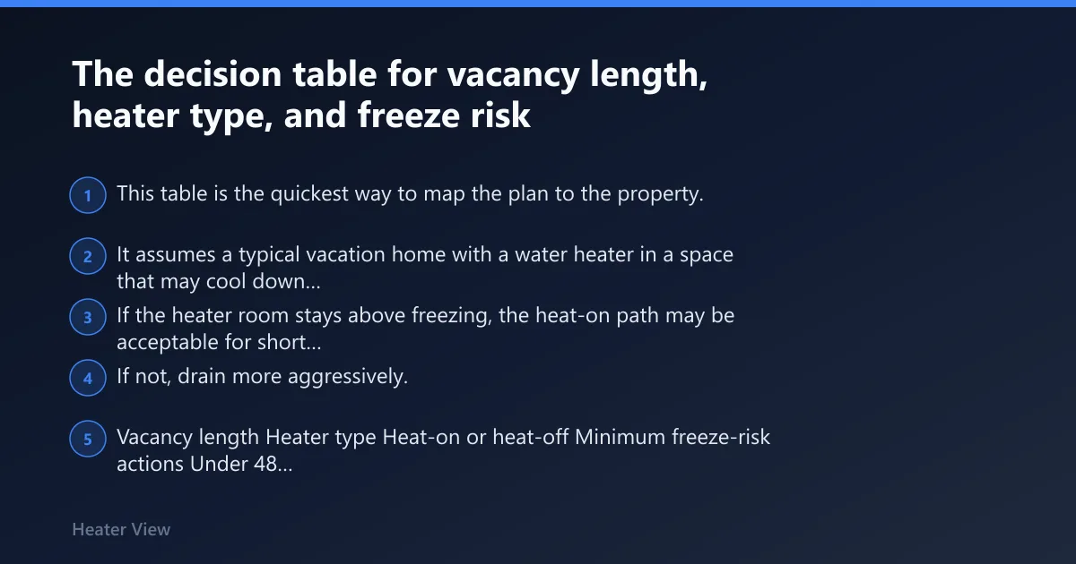 Steps: The decision table for vacancy length, heater type, and freeze risk