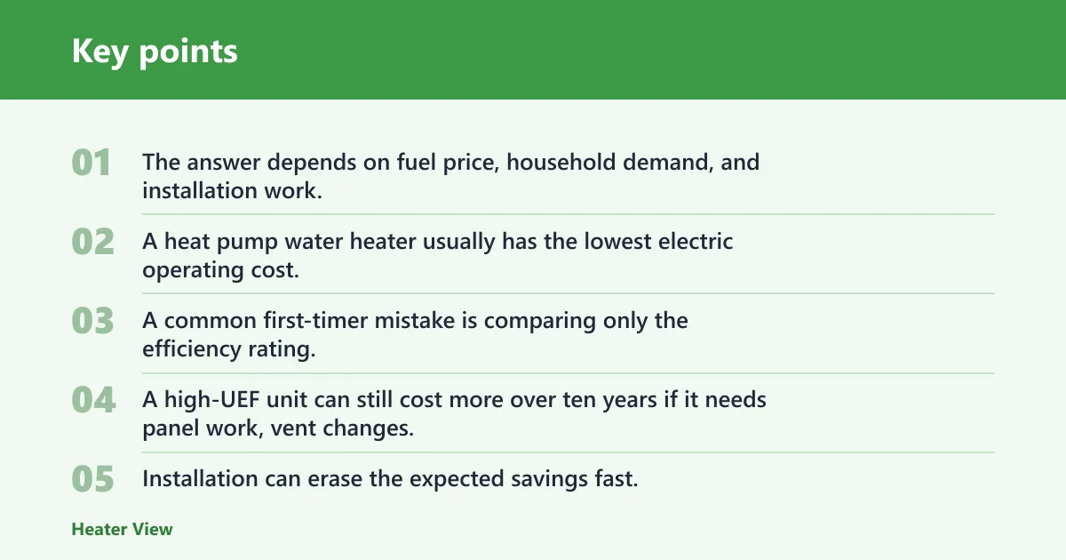 Key points: Best water heater for energy savings: tank, tankless, or heat pump