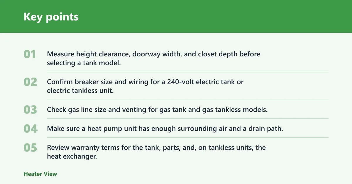 Key points: Choose gas tank water heater if… / Choose heat pump water heater if…