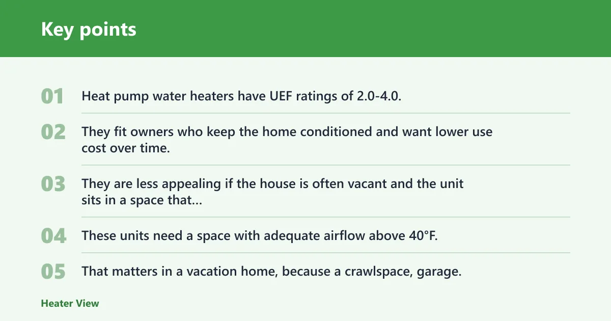 Key points: Heat pump water heater decision matrix
