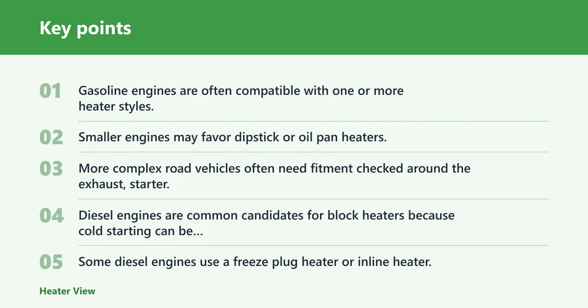 Key points: Block heater compatibility matrix