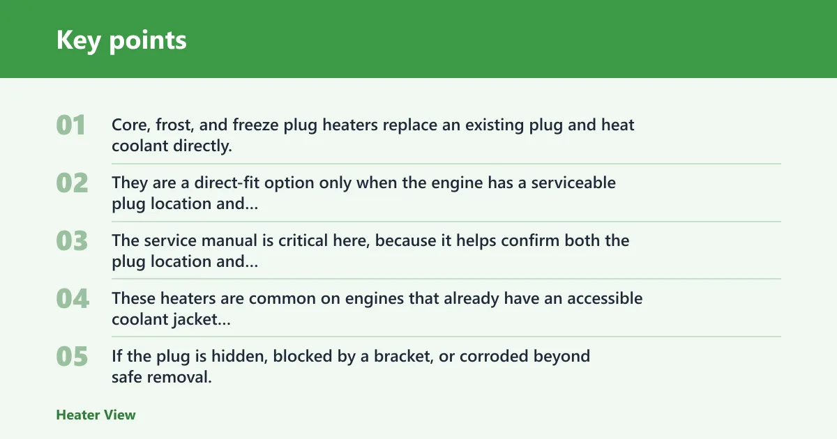 Key points: Which type of block heater fits which engine?