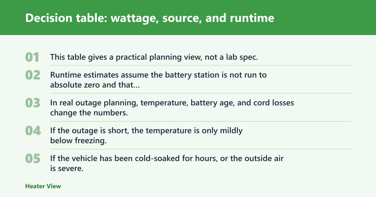 Steps: Decision table: wattage, source, and runtime