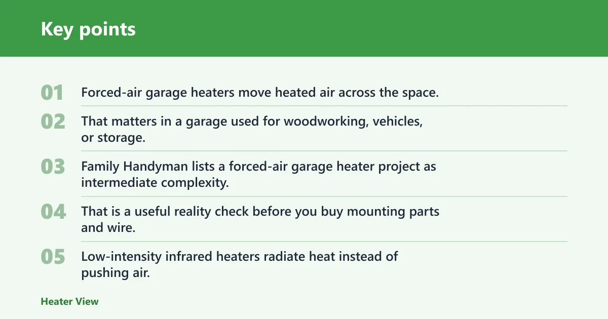 Key points: Garage heater options