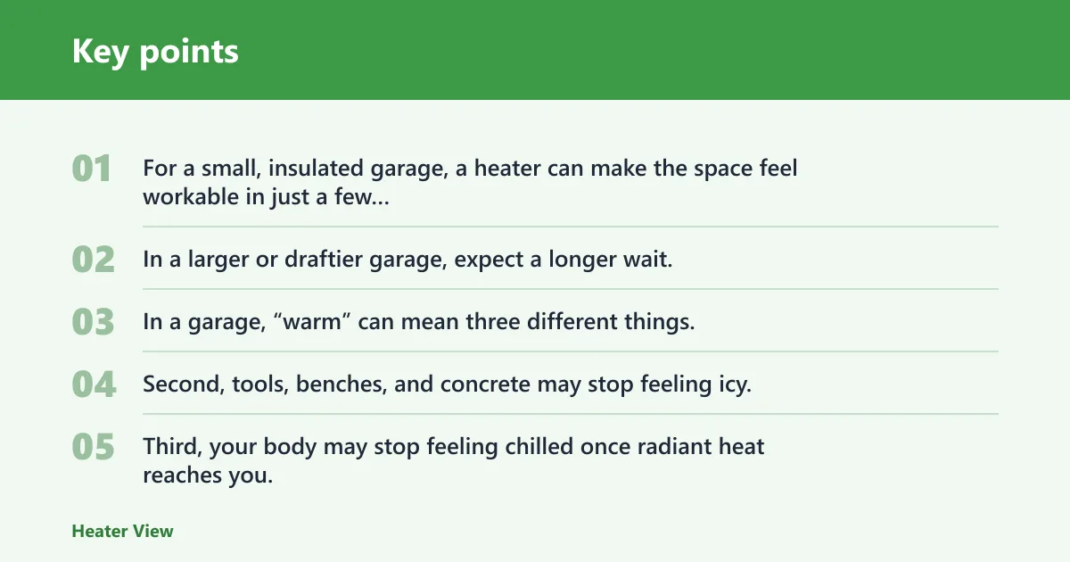 Key points: How long does a garage heater take to warm up?