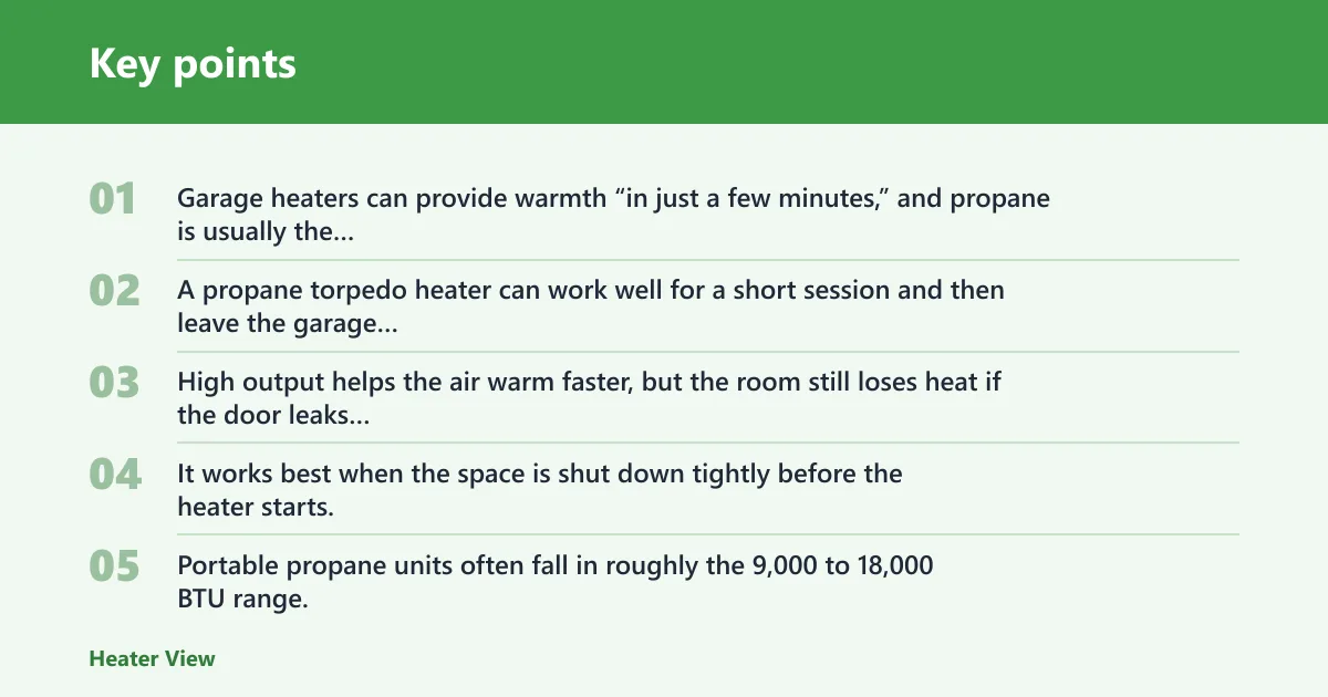 Key points: Propane garage heater warm-up times