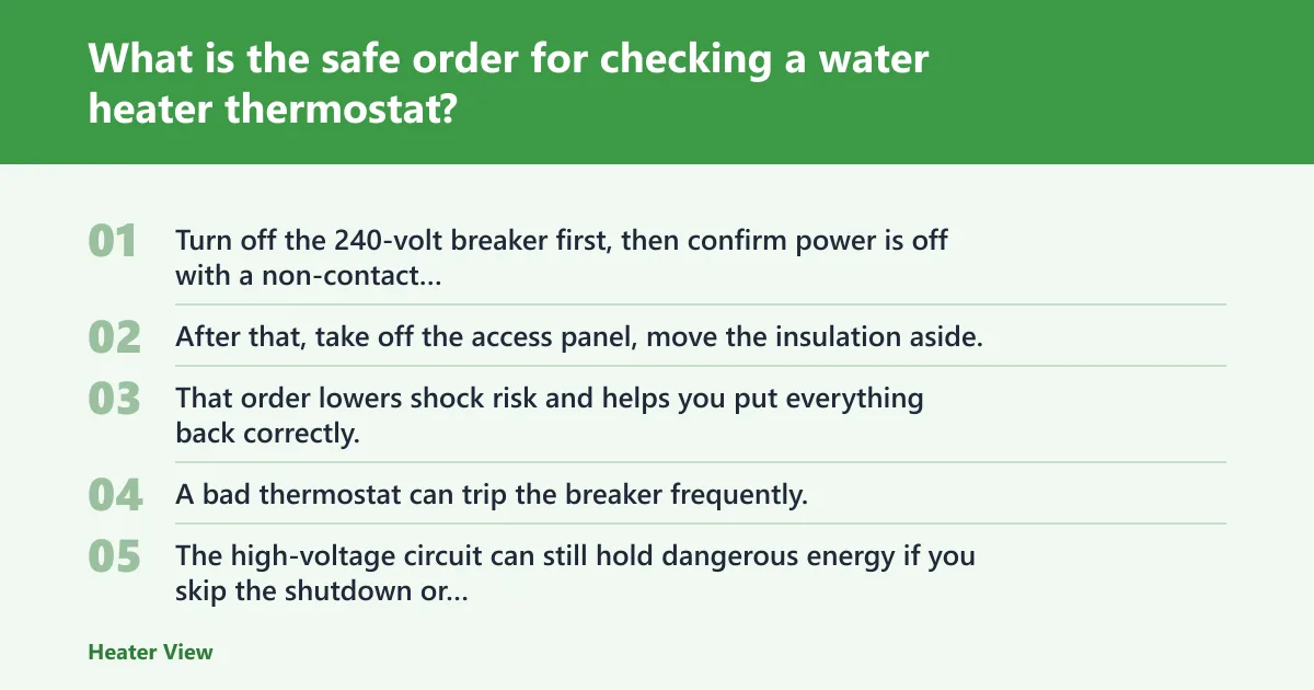 Steps: What is the safe order for checking a water heater thermostat?