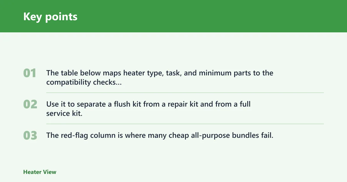 Key points: Water heater kit decision table