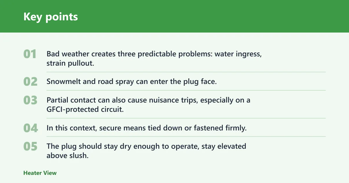Key points: How secure should a block heater plug be in bad weather?