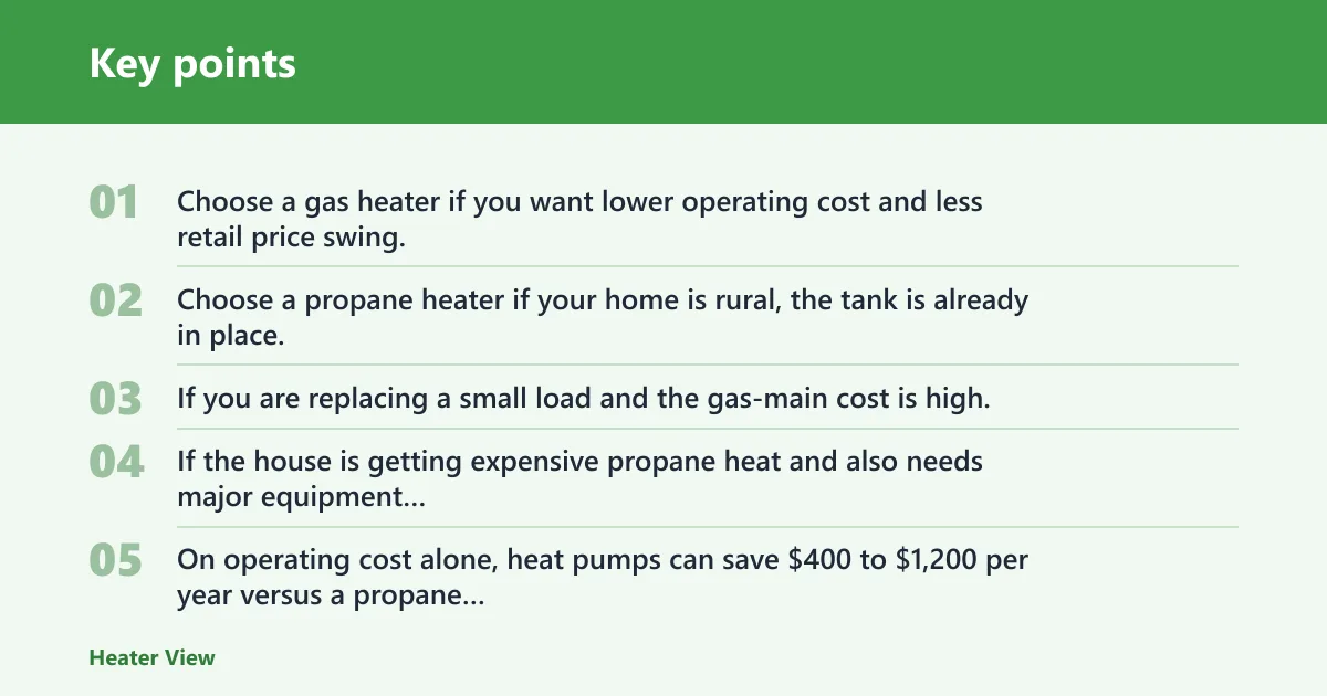 Key points: Choose gas heater if… / Choose propane heater if…