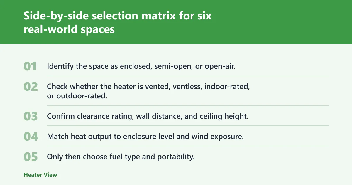 Steps: Side-by-side selection matrix for six real-world spaces