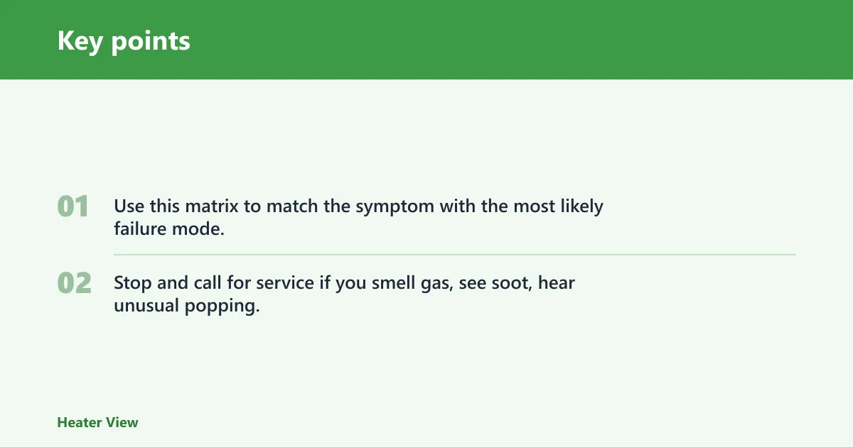Key points: Garage heater troubleshooting matrix