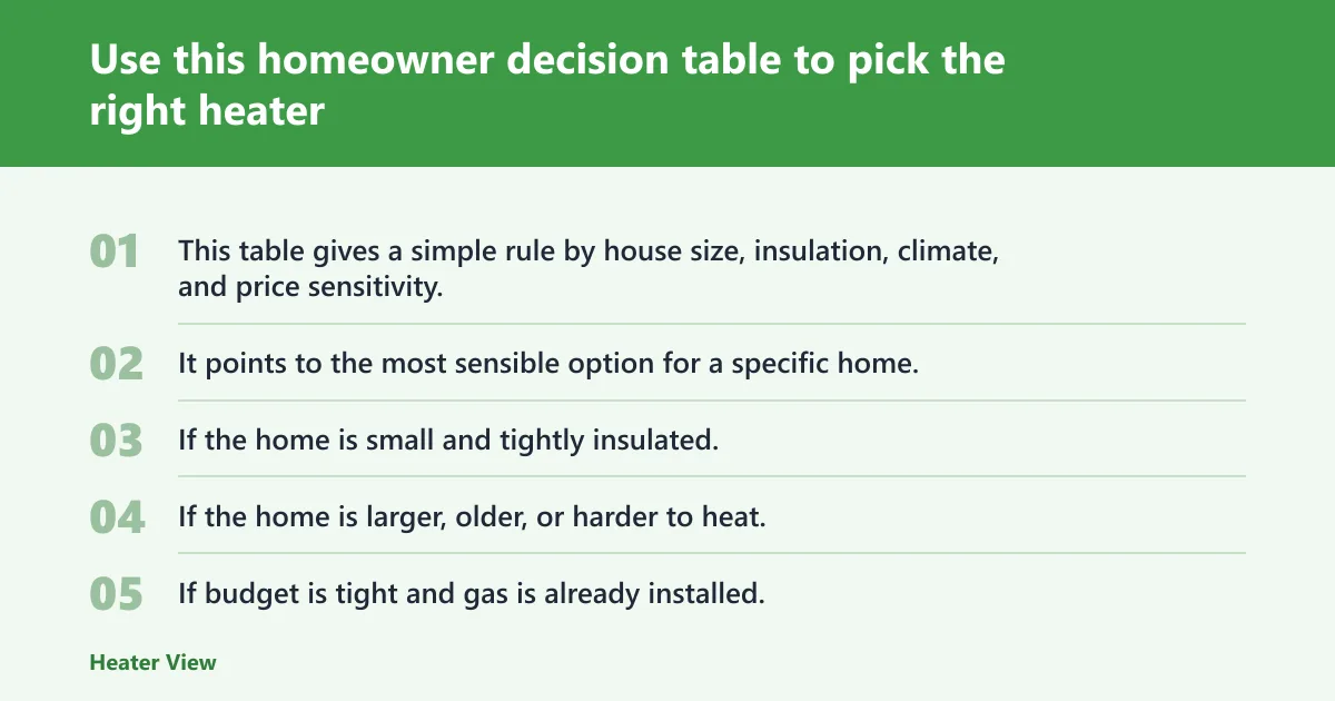 Steps: Use this homeowner decision table to pick the right heater