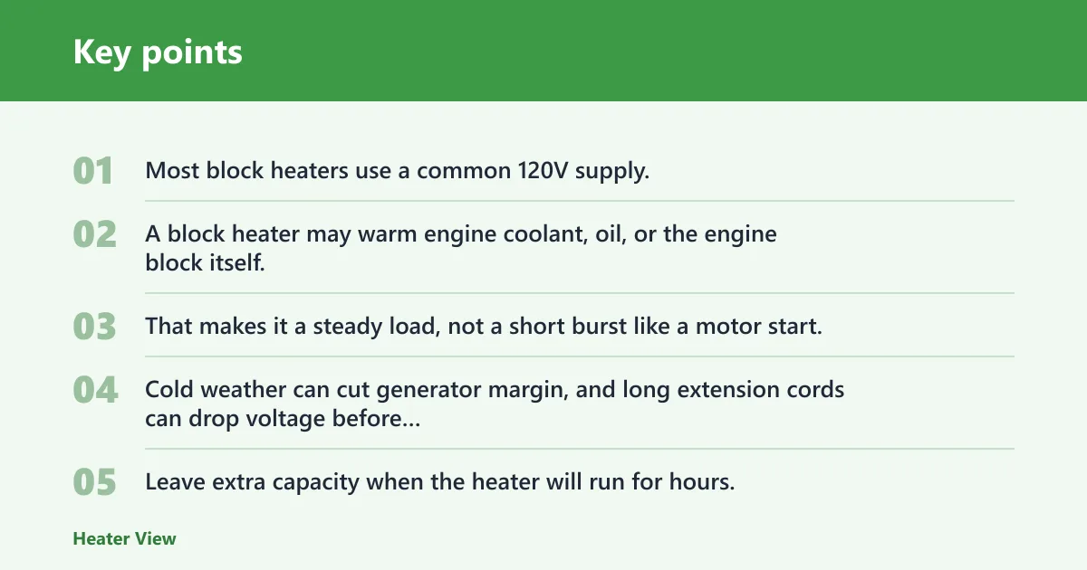 Key points: How do you size a generator for a block heater?